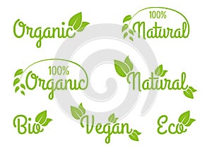 Organic, Natural, Bio, Vegan and Eco icon or logo set. Healthy food and product labels with green leaves. Vector illustration